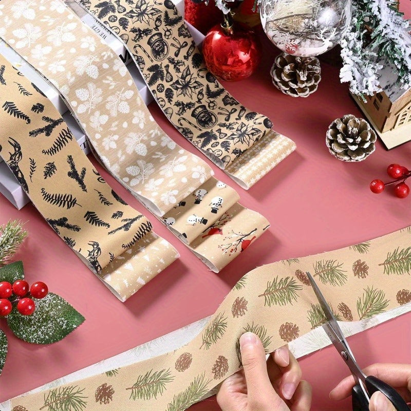 40pcs Of 6.5 * 50cm (2.55 * 19.7in) Christmas Retro Fabric Strips -8 Holiday Patterns (reindeer, Pine Cones, Snowflakes), DIY Splicing Handmade Craft Materials, Including Splicing Sets with Different Patterns, Enthusiasts Can
