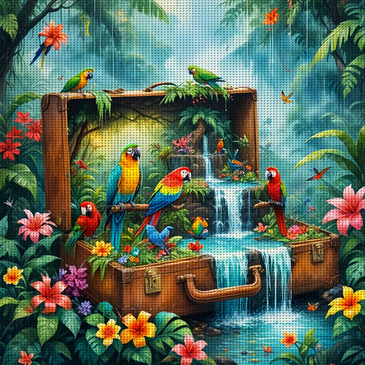 JOZYSH 1pc, 40x40cm/15.7x15.7in Cross Stitch Kit - Vibrant Jungle Scene with Colorful Parrots and Waterfall in Suitcase, All-Season Home Wall Decor for Living Room or Bedroom, DIY Cross Stitch Material Pack with Printed Patte