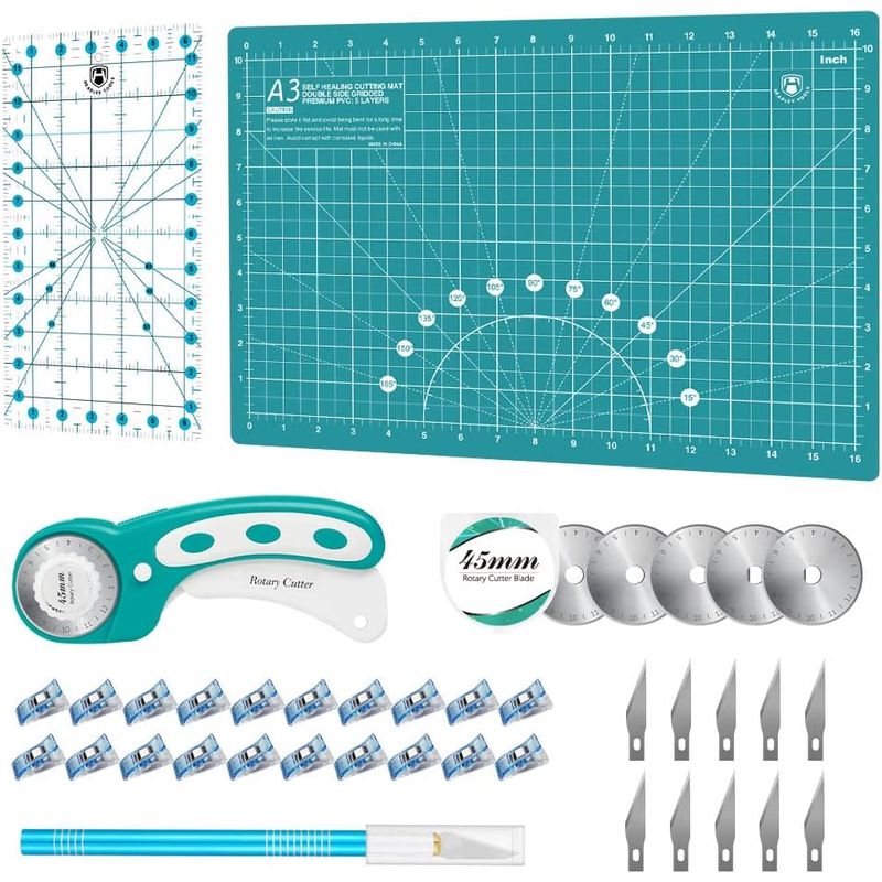 Headley Tools Rotary Cutter Set - 45mm Fabric Cutter, 5 Extra Rotary Blades, A3 Cutting Mat, Quilting Ruler and Sewing Clips | Craft Knife Set, Ideal for Crafting, Sewing, Patchworking, Turquoise