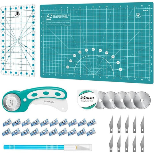 Headley Tools Rotary Cutter Set - 45mm Fabric Cutter, 5 Extra Rotary Blades, A3 Cutting Mat, Quilting Ruler and Sewing Clips | Craft Knife Set, Ideal for Crafting, Sewing, Patchworking, Turquoise