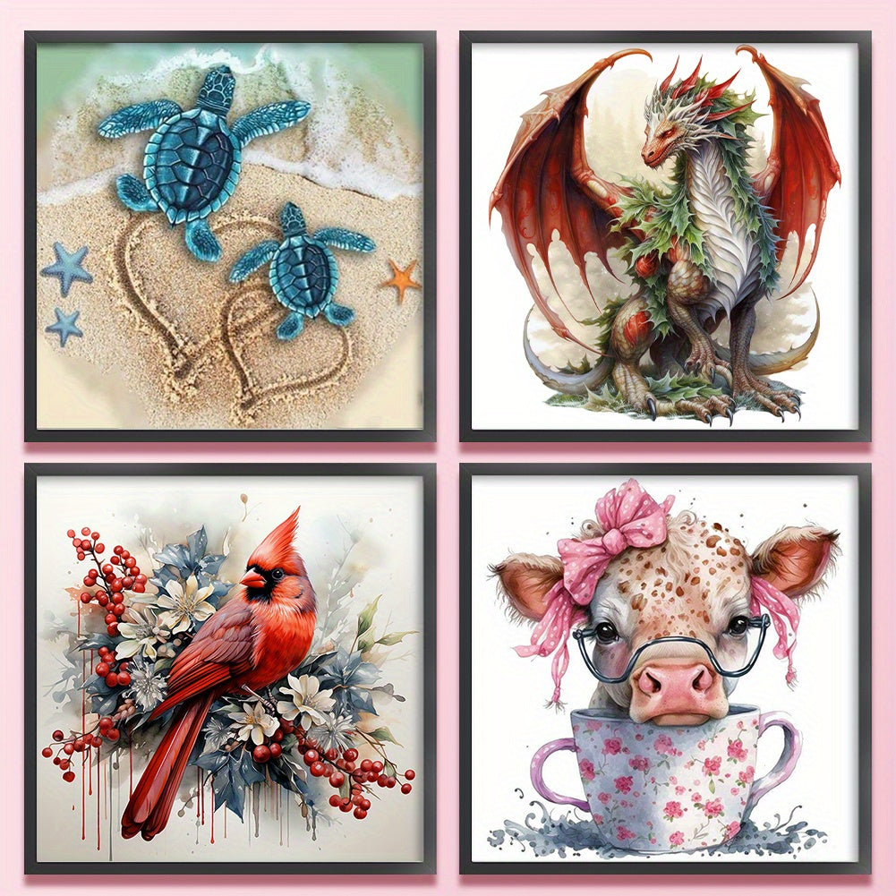 4pcs Animal Printed Cross Stitch Kit 15.75x15.75inch DIY 11CT Thread Art Needlework - Vibrant Turtle, Dragon, Bird & Pig Designs, Detailed Stitching Instructions, All-Season Craft Project, Canvas Material, Perfect for Home De