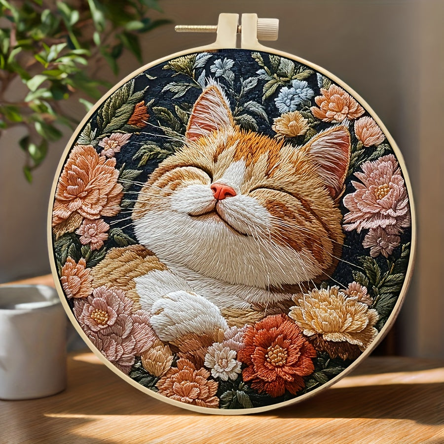 Complete Cat & Floral Embroidery Kit for Adults Beginners with Printed Patterns, Pre-Printed Fabric Hoops & Needles - All-Season DIY Craft Set with Step-by-Step Instructions, Vibrant Colors - Perfect Birthday/Holiday Gift for