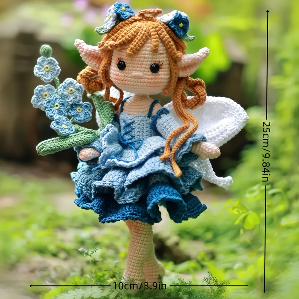 Complete DIY Crochet Kit for Adults: Handmade Fairy Girl Doll with Blue Flowers - Crochet Yarn & Hooks Set, Step-by-Step Instructions, Brown/White/Blue Yarn, All-Season Handicraft Project for Wedding Decor, Valentine's/Mother