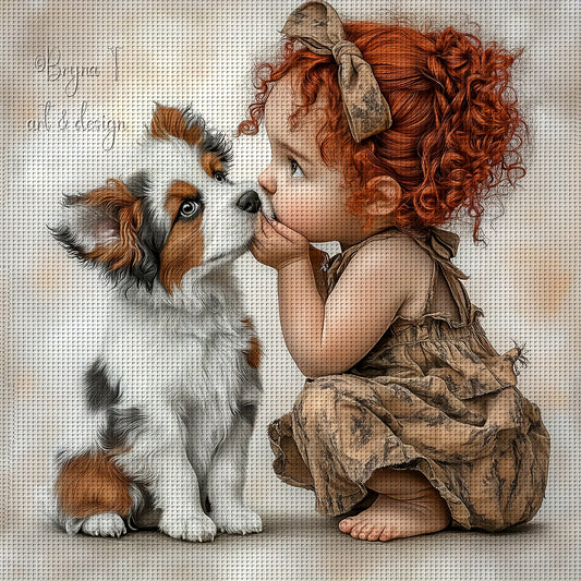 1pc JOZYSH 11.8x11.8in 14CT Frameless Cross Stitch Kit - Adorable Puppy & Girl Kissing Design, Soft Fabric, Beginner-Friendly DIY Embroidery Set for Adults & Beginners, Perfect for Bedroom & Living Room Wall Decor, Includes P