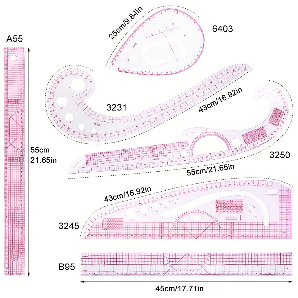 6pcs Curve Cutting Rulers Soft Patchwork Ruler Sewing Tool Kit Measure Tailor Drawing Template Sewing Accessorie, Sewing Tools, Fabric Measuring, Tailoring Equipment, Precision Rulers, Drafting Tools, Smooth Edges, Sturdy Tem