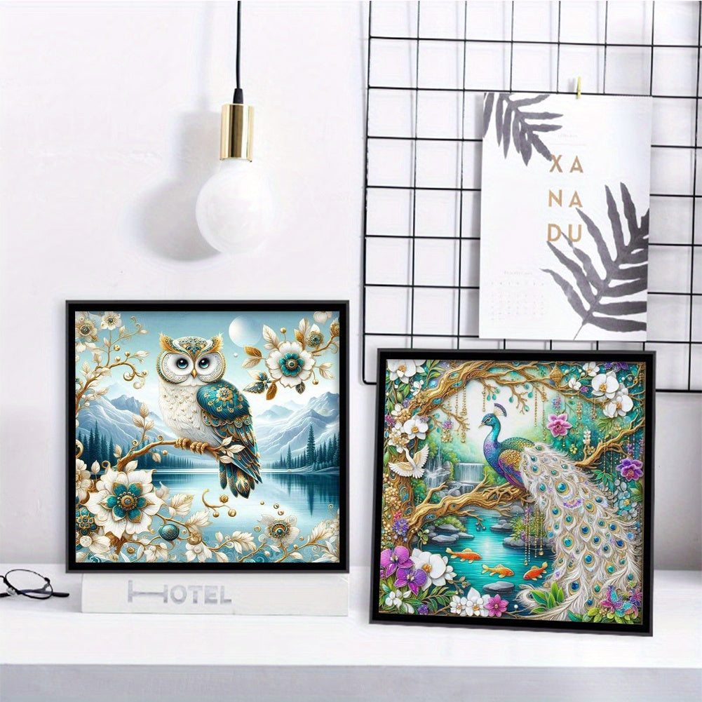 2pcs Extra Large 45x45cm (17.7x17.7in) Cross Stitch Kits with Pre-Printed Numbered Fabric - All-in-One DIY Embroidery Set with Color-Coded Threads & Needles for Owl, Peacock, Floral & Bird Patterns - Complete Step-by-Step Ins