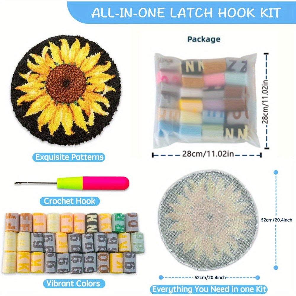 latch hook kits for adults Sunflower Pattern Printed Canvas DIY Crochet Yarn Kits, Embroidery Decoration 20.4" X 20.4in (52 * 52cm)