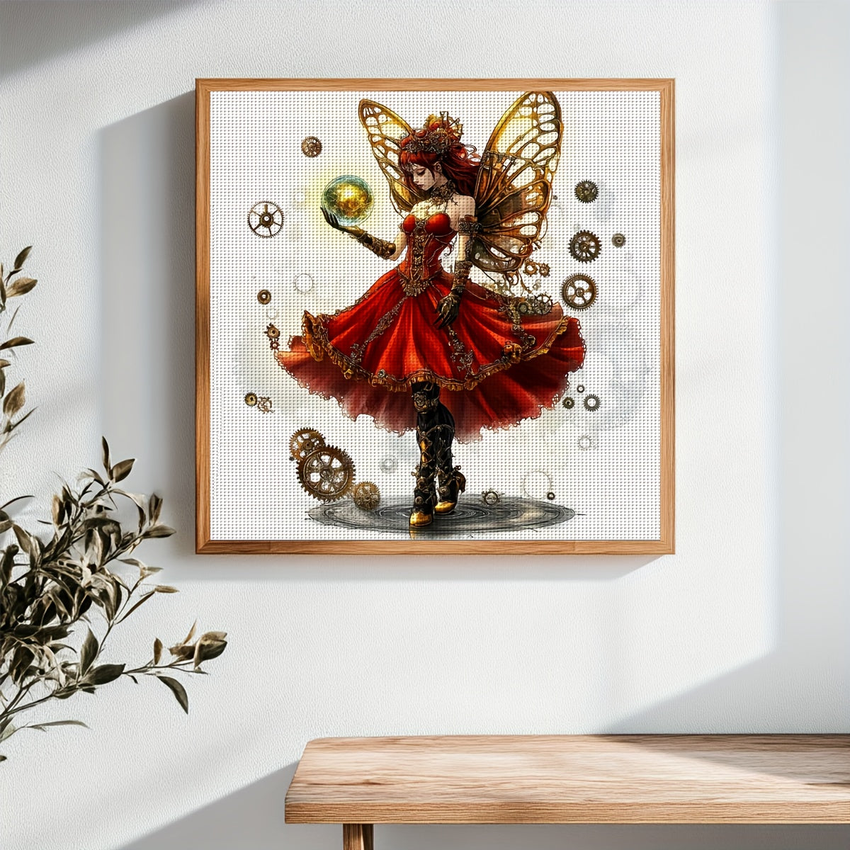 JOZYSH 1pc 15.75x15.75inch DIY Cross Stitch Kit - Steampunk Fairy with Golden Wings & Mechanical Gears, Vibrant Red Dress, Perfect for Home Decor, Bedroom Art, or Gift, All-Season Themed Fabric, Bedroom Art Piece | Vibrant Cr