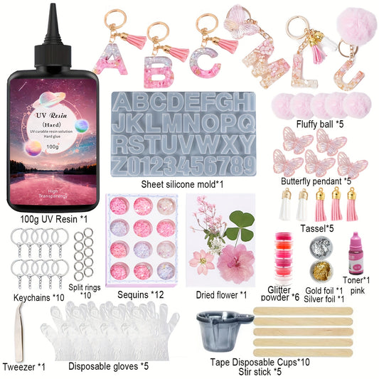 UV Resin Jewelry Making Kit for Beginners - 100g Clear Fast-Curing Resin with Silicone Molds & Dried Flowers | All-in-One Starter Pack (Measuring Cups, Gloves, Stir Sticks) | DIY Necklace Keychain Earrings Craft Supplies |Bub