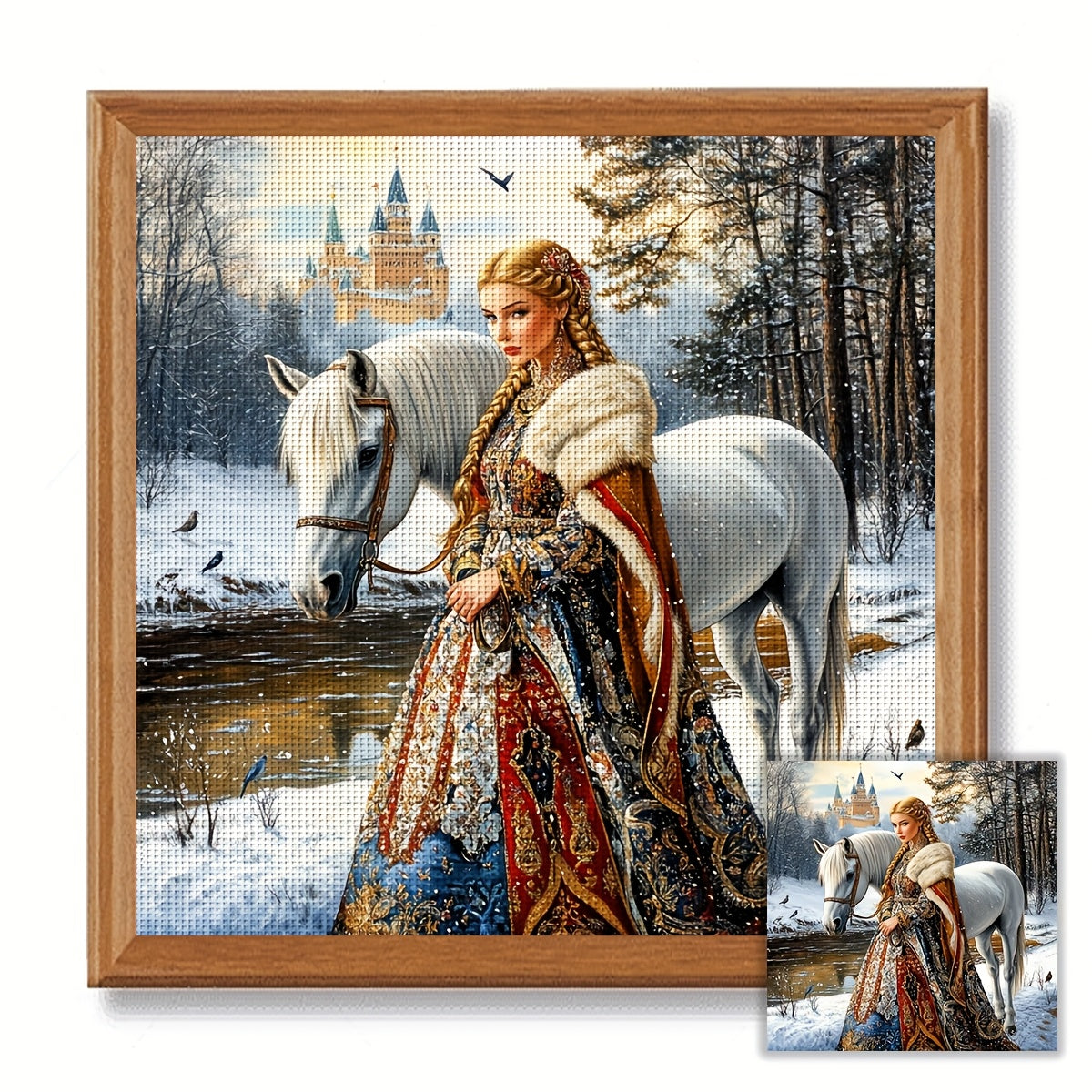 JOZYSH Princess and White Horse Cross Stitch Kit - 15.75x15.75inch DIY Fabric Pattern with Golden Castle and Snowy Landscape, Ideal for Living Room or Bedroom Decor, All-Season Home Art Gift, Seasonal Home Decor|Winter Scene