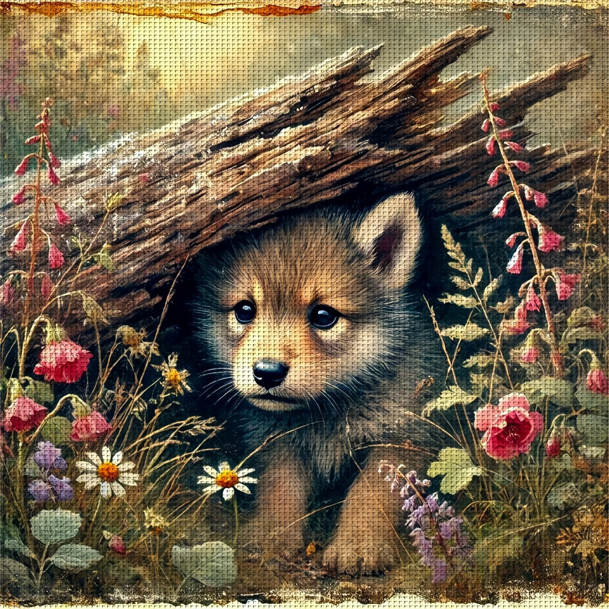 ZUOANLF 1set 40x40cm/15.7x15.7Inch DIY Cross Stitch Kit Frameless, Cute little Wolf, stamped cross stitch kits, Embroidery Set for Home Decor, Includes Patterned Fabric & Threads, Perfect for Living Room Entrance or Bedroom D