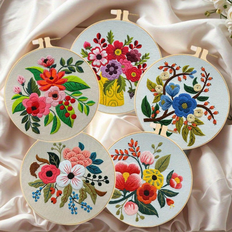 5pcs Floral Embroidery Starter Kit with Hoops - Vibrant Cross Stitch Kits for Beginners, Complete Set for Handicrafts Gifts, Includes Patterns, Threads Tools, Perfect for All Seasons, Needlework Kits|Vibrant Embroidery Kits|C