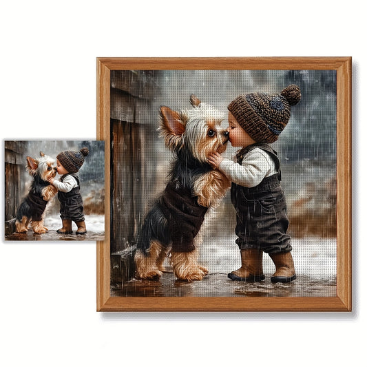 JOZYSH 1pc 11x11in Cross Stitch DIY Kit - Adorable Child and Dog Scene, All-Season Wall Decor with Frame, Includes Canvas, Needle, Thread, Pattern, and Instructions, Perfect for Bedroom or Living Room, Beginner-Friendly, Alls