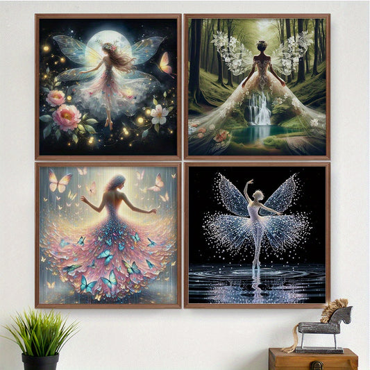 4pcs 11CT Butterfly Fairy Cross Stitch Kits with Pre-Printed Fabric & Threads - 4 Unique Fairy Designs (Moonlight, Forest, Waterfall, Dance) - Complete DIY Needlecraft Set for Wall Art, Housewarming & Holiday Gifts for Adults