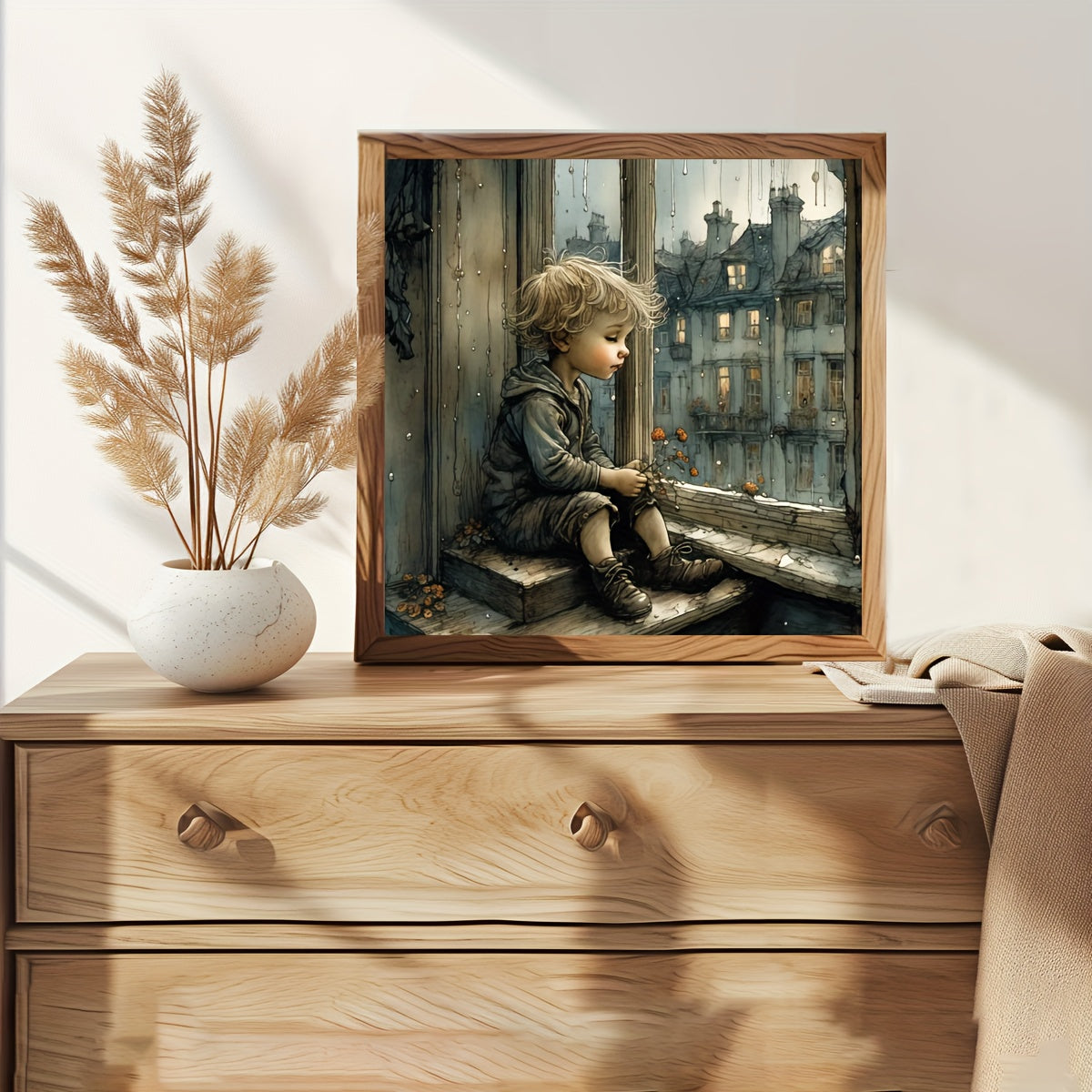 JOZYSH 1pc 11x11in Cross Stitch DIY Kit - "Boy by Window" Fantasy Scene with Detailed Architecture, Includes Canvas, Needle, Thread, Pattern, and Instructions - Ideal for Beginners, Bedroom, or Living Room Wall Decor, Perfect