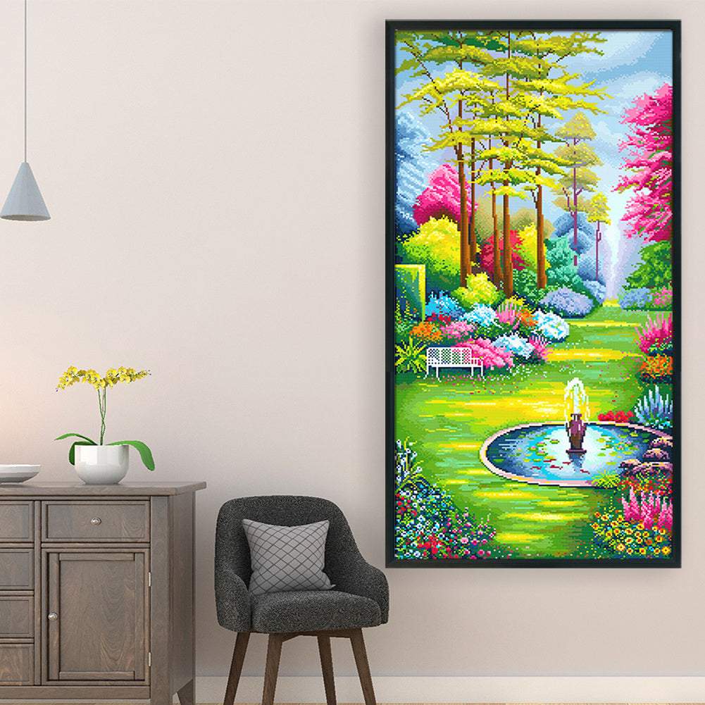 1 Set Secret Garden Cross Stitch Kit with 19.69x35.43inch Large Floral Canvas - 11CT Full Stitch Pre-Printed Fabric with Numbered Threads & Needles, Vibrant Spring Garden Scene with Lush Greenery, Pink Flowers, Yellow Foliage