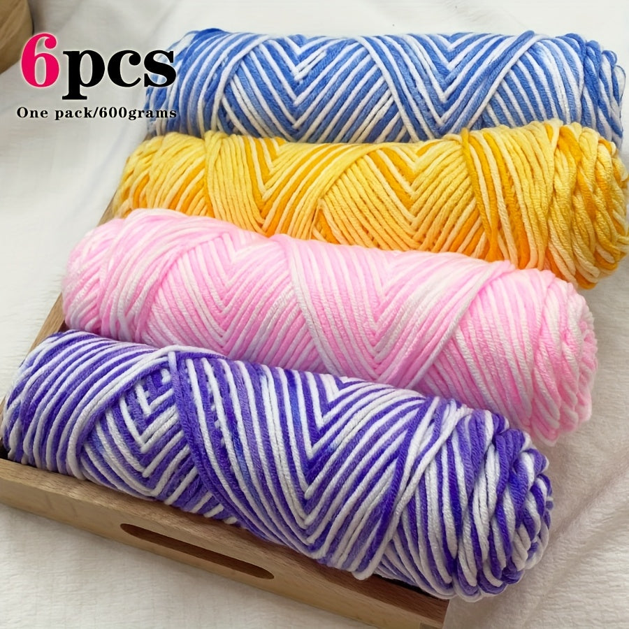 6pcs Multicolor Ombre Yarn Set | Soft Comfortable Self-Striping Acrylic Yarn for Knitting and Crochet, Ideal for Sweaters, Scarves, Hats, Gloves, Blankets, Handbags, Slippers - 600g Medium Weight