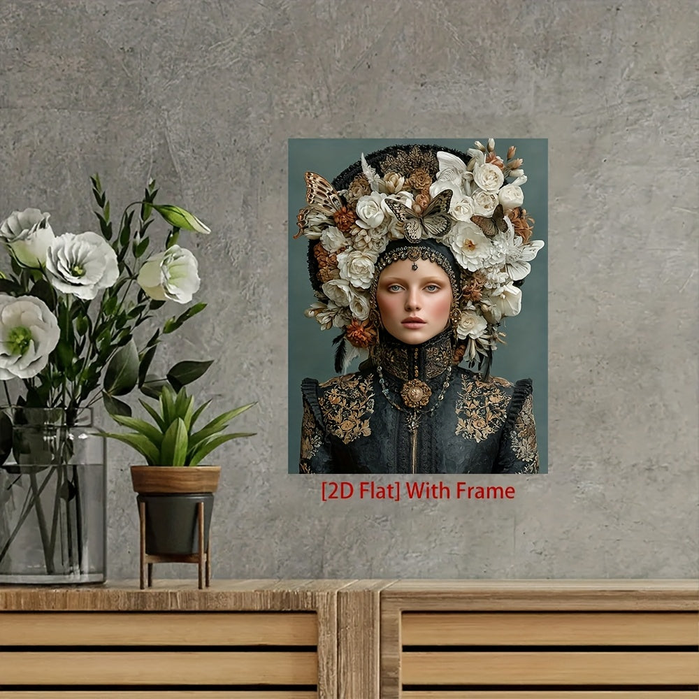 1pc Framed Lady in Butterfly Hat Wall Art - 12x16 Inch Modern Gothic Woman Painting with Floral & Jewel Portrait, Surreal Boho Decor, Frame & Wrapped Canvas Print for, Bedroom, Office - Victorian-Inspired, 2D Flat, Cross Stit