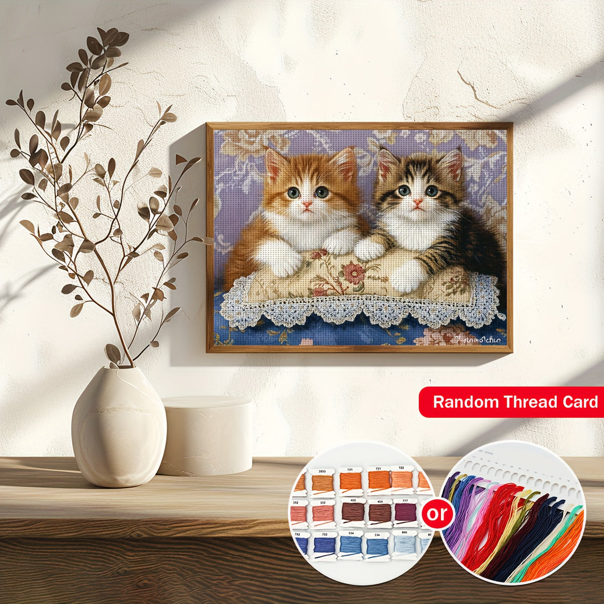 1pc ZUOANLF DIY Cross Stitch Kit - Two Adorable Tabby Kittens (Brown & Grey) Complete Embroidery Set with Fabric Hoop-Like Board, Threads & Instructions - 11/14CT Pre-Printed Design for Home Decor, Beginner-Friendly Craft Pro
