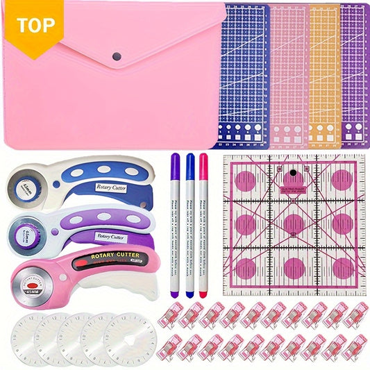 45mm Rotary Cutter Set with Pink Storage Bag, A4 Self-Healing Cutting Mat, Pink Acrylic Ruler, Quilting Roller Cutter and 5 Replacement Blades, Sewing Clips, Disappearing Marker, Suitable for Quilting, Crafting, Paper Craftin