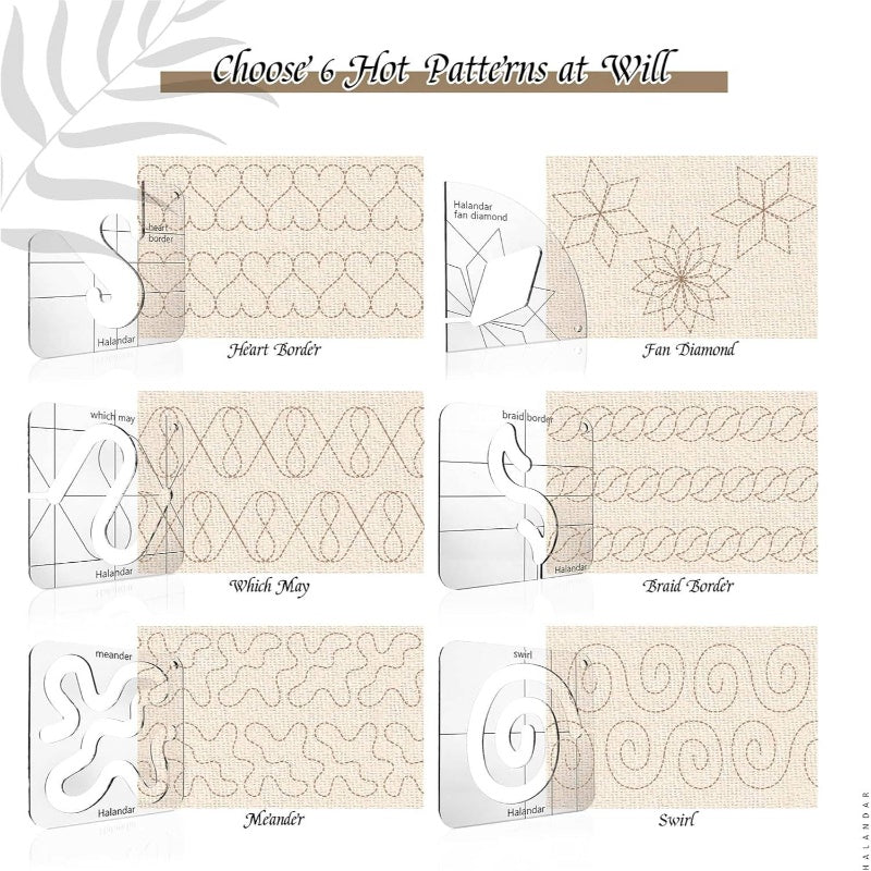 6pcs Motion Quilting Template Series with 1 Quilting Frame 1 Ruler Foot 15 Non - Slip Mats 1 Instruction, 3mm Acrylic Templates Quilting on Sewing Machine Ruler, Fabric Stitching, Smooth Edges, Textile Artists, Diy Sewers