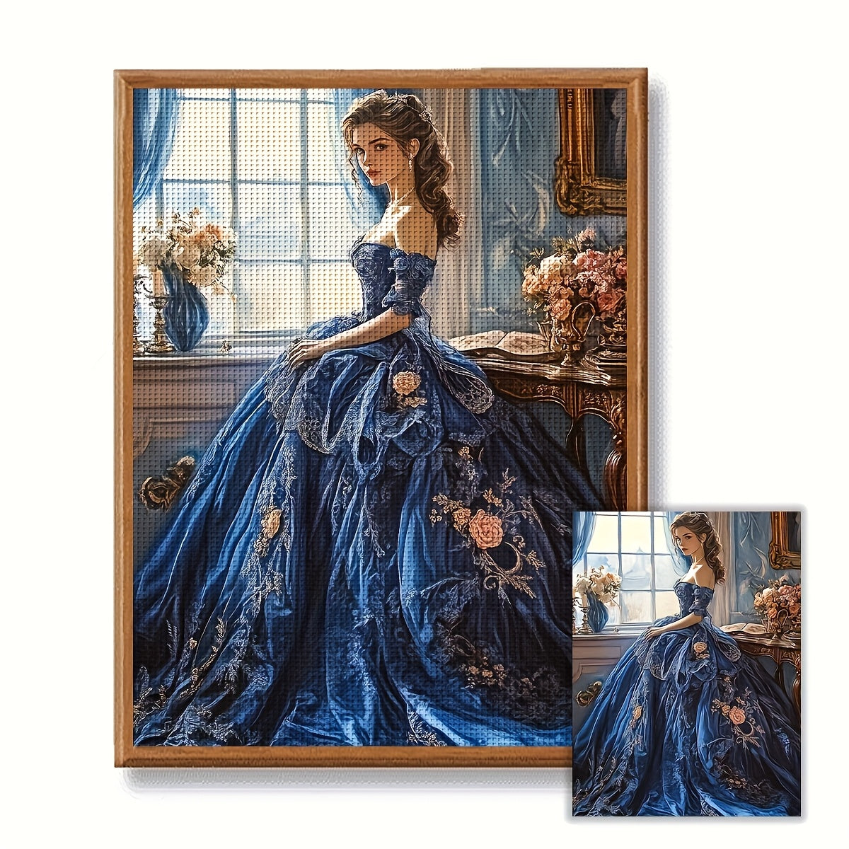 JOZYSH 1pc 11.81x15.75inch DIY Cross Stitch Kit - Elegant Blue Gown Woman with Floral Embroidery, All-Season Home Decor Art Gift for Living Room or Bedroom, Cross Stitch Craft Supplies, Embroidery Crafts|Elegant Gown Design|D