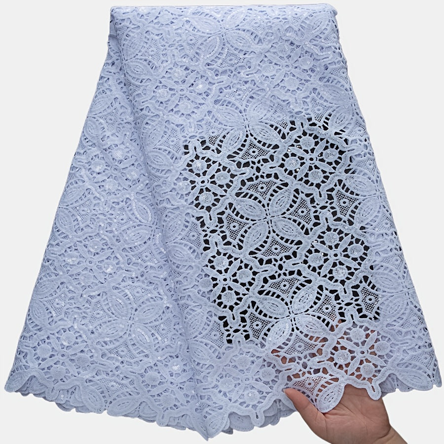 White African Water-Soluble Lace Fabric with Sequins - Nigerian Style Floral Pattern for Wedding, Party, and Prom Dresses, Hand Wash Only, Wedding Dresses, Party Dresses, Elegant Dresses, Intricate Lacework