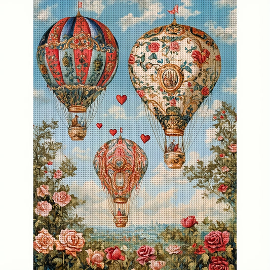 JOZYSH Vintage Hot Air Balloon Cross Stitch Kit - 11.81x15.75inch DIY Fabric Cross Stitch Pattern with Roses & Hearts, Perfect for Home Decor, Living Room, Bedroom, or Gift, All-Season Home Art, Bedroom Art | Vintage Aestheti