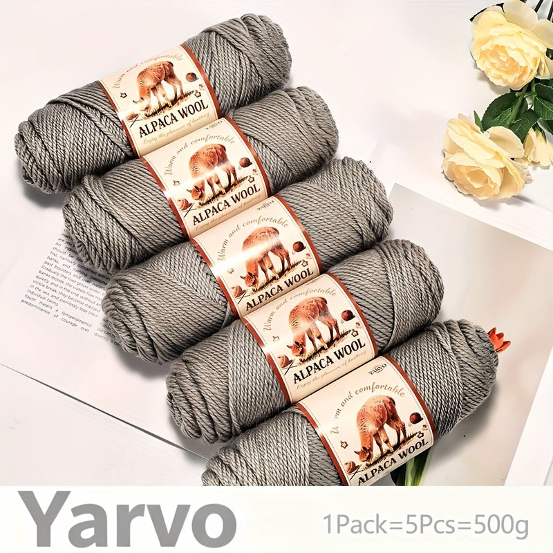 1 Pack (5 Balls) 500g Alpaca Wool Yarn - Thick Warm Winter Knitting Fiber, Alpaca Wool Yarn for DIY Hand-Knitting Scarves, Hats, Sweaters, Multi-Color (Brown/White/Black/Gray/Tan) - Perfect Gift for Crafters & Cold Weather