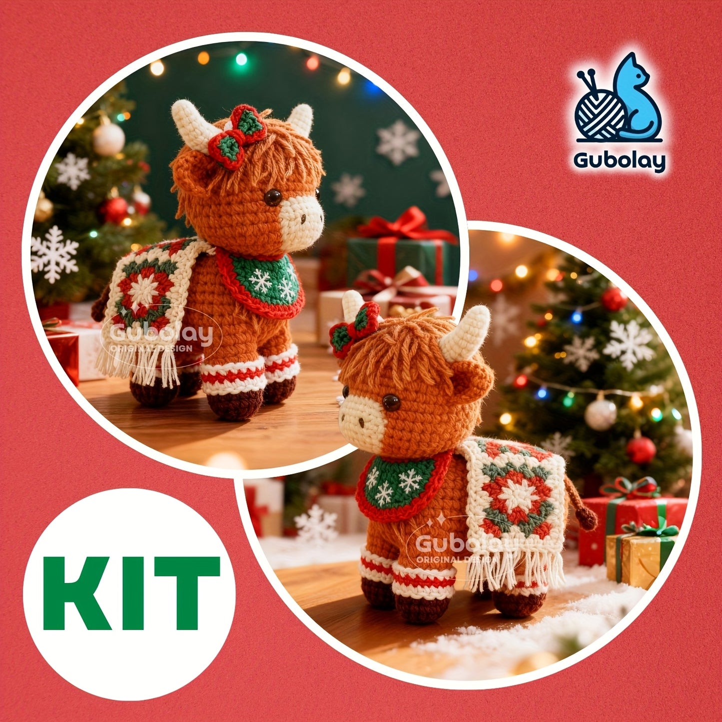 Christmas Highland Cow Crochet Starter Kit for Beginners - Step-by-Step Video Tutorial, Includes Pattern Guide, Soft Yarn & Hook with Accessories, Cute Amigurumi Animal Doll Design, Perfect Holiday Gift for Knitting Enthusias