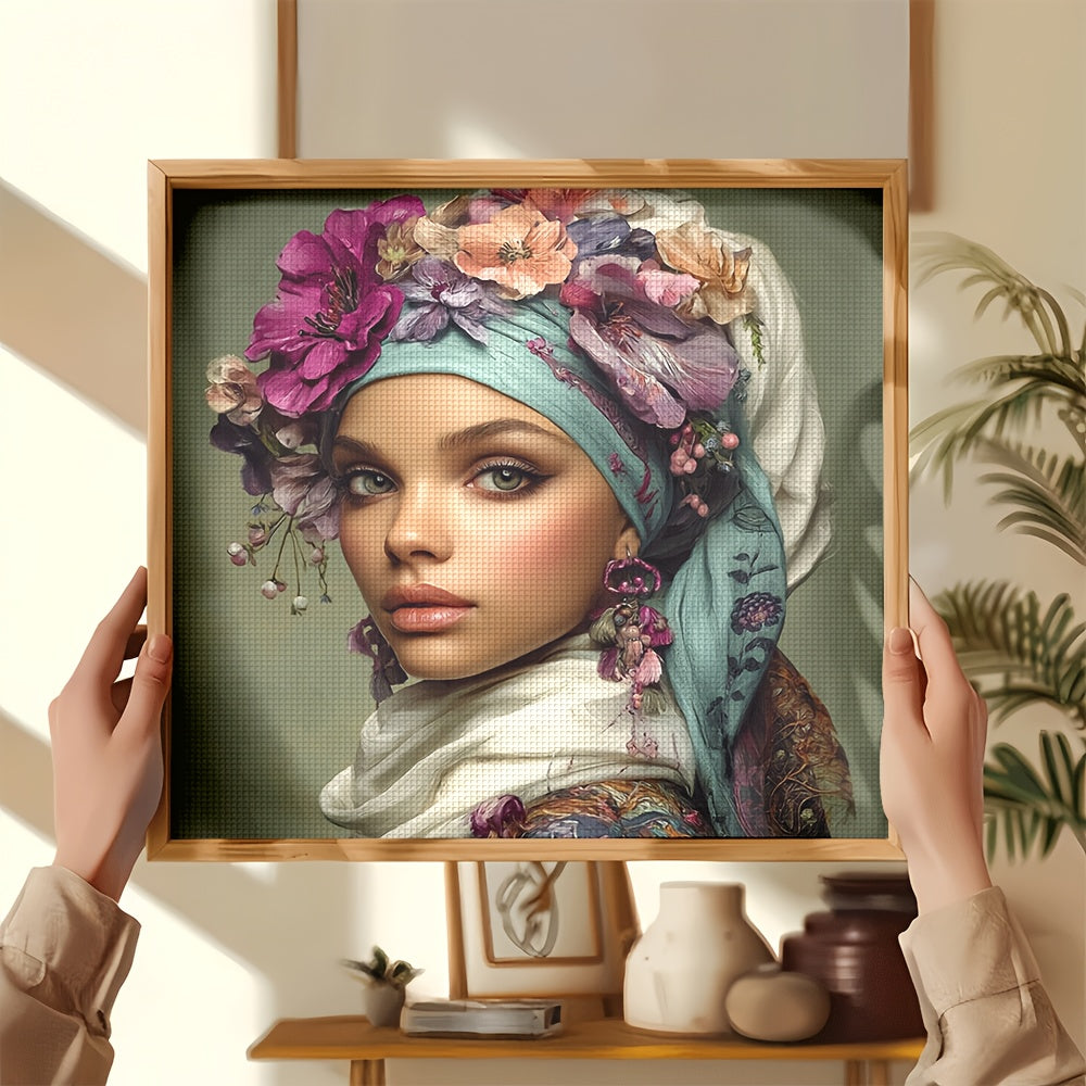 Complete DIY Cross Stitch Craft Set with Floral Patterns - Full Kit with Canvas, Preprinted Fabric Threads & Step-by-Step Guide for Home Decor, Birthday/Anniversary Gifts - All-in-One Framed-like Display - Floral Cross Stitch