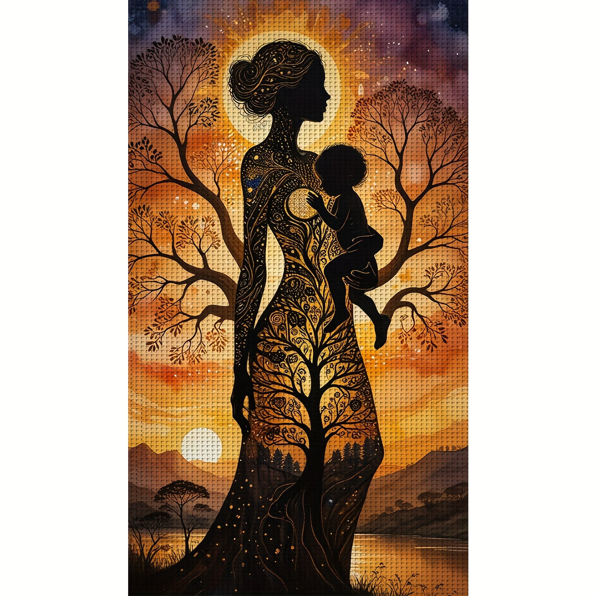 1pc Elegant Mother and Child with Tree Pattern 11CT/14CT Cross Stitch DIY Kit - Relaxing Adult Beginner Embroidery Set for Bedroom or Living Room Wall Decor, Includes Printed Canvas, Needle, Thread, Pattern, and Instructions,