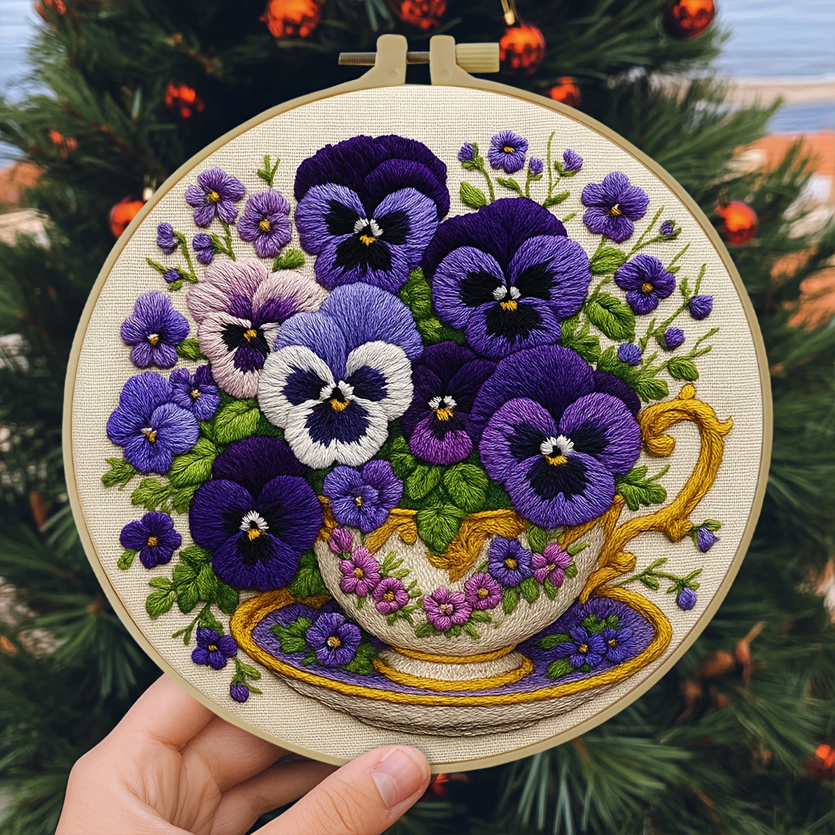 1pc ZUOANLF Floral Embroidery Kit - Vibrant Pansy Design with Purple, White & Green Flowers, Golden Accents, Includes Embroidery Hoop, Threads, and Instructions - Ideal for Beginners, Perfect for Home Decor or Gift, 7.9x7.9 I