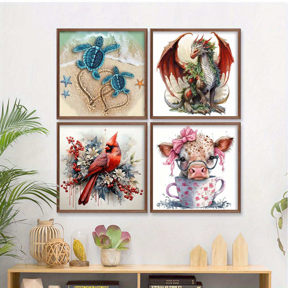 4pcs Animal Printed Cross Stitch Kit 15.75x15.75inch DIY 11CT Thread Art Needlework - Vibrant Turtle, Dragon, Bird & Pig Designs, Detailed Stitching Instructions, All-Season Craft Project, Canvas Material, Perfect for Home De