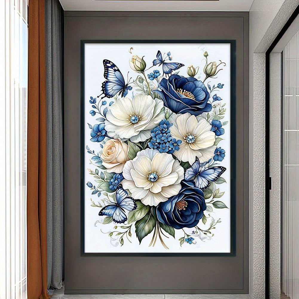 Blue And White Flowers And Butterfly - DIY Eco- Thread 11CT Stamped Flower Series Full Embroidery Cross Stitch Kit 15.75x23.62inch, with Tools, Embroidery Threads & Instructions - Good Gift for Craft Lovers and Art Enthusiast
