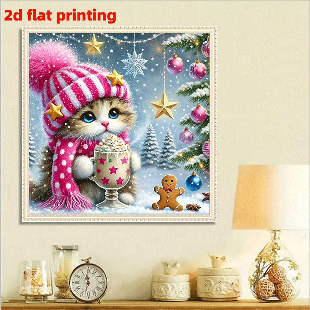 2D Flat Printing New Creative Acrylic Decorative Painting, Cute Christmas Cat in Snow Picture DIY Diamond Art Kit, Round Full Drill Canvas Mosaic Craft Set for Halloween/New Year/Christmas Bedroom Office Living Room Wall Déc
