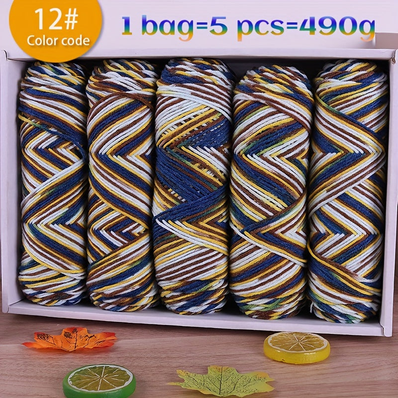 490g Multicolor Gradient Ombre Yarn Skein for Hand Knitting, 5-Ply Yarn Ball for Autumn/Winter Fashion Sweaters, Scarves, Hats, Gloves, Gifts, and Crafts, 5 Skeins per Pack