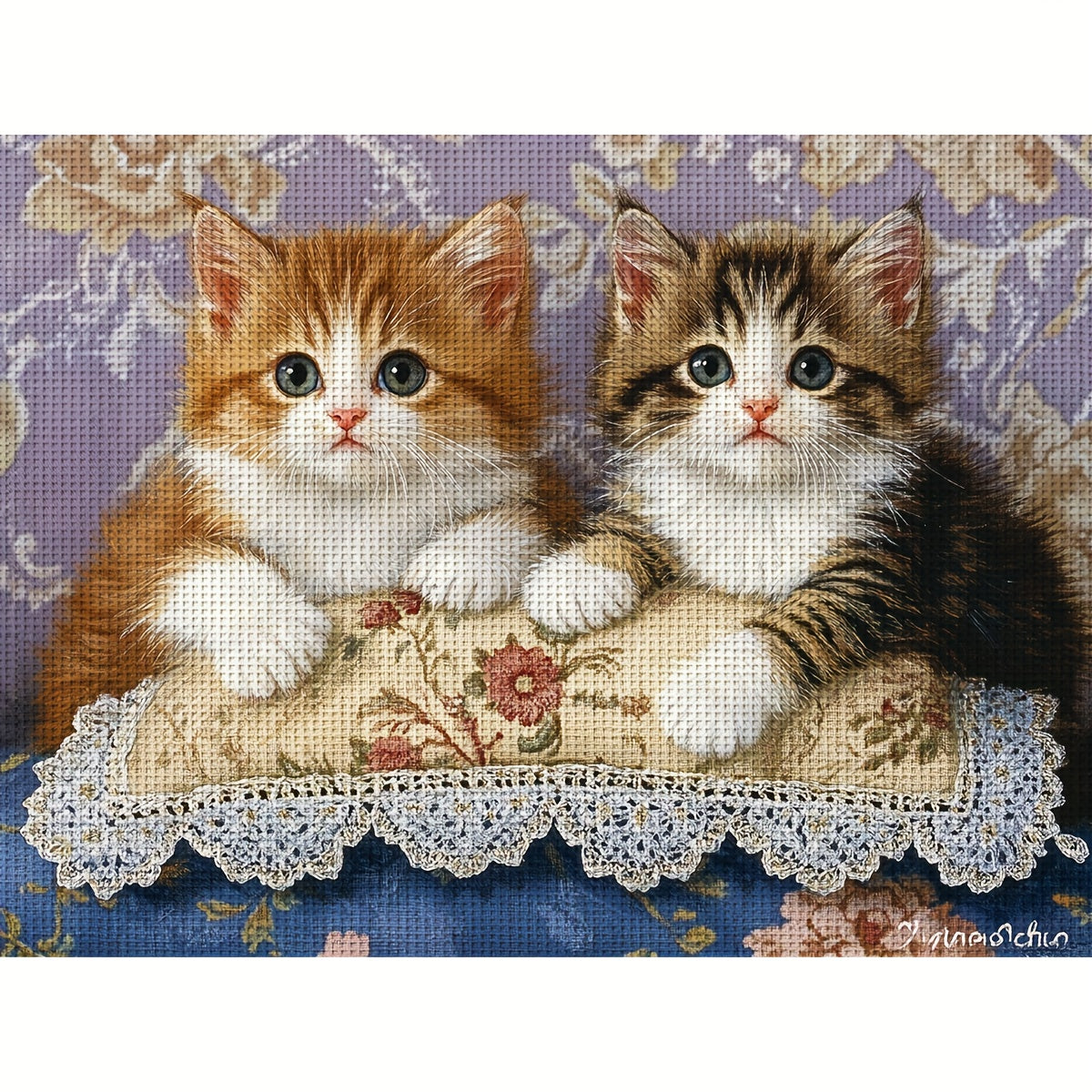 1pc ZUOANLF DIY Cross Stitch Kit - Two Adorable Tabby Kittens (Brown & Grey) Complete Embroidery Set with Fabric Hoop-Like Board, Threads & Instructions - 11/14CT Pre-Printed Design for Home Decor, Beginner-Friendly Craft Pro
