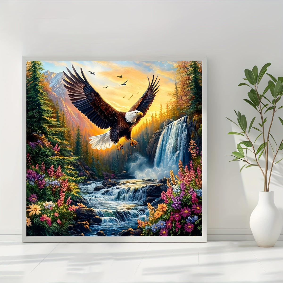 JOZYSH 1pc 40x40cm/15.7x15.7in Bald Eagle in Valley Cross Stitch DIY Kit - 11CT/14CT, Vibrant Mountain Landscape with Waterfall & Wildflowers, Perfect for Beginners, Bedroom or Living Room Wall Decor, Includes Canvas, Needle,