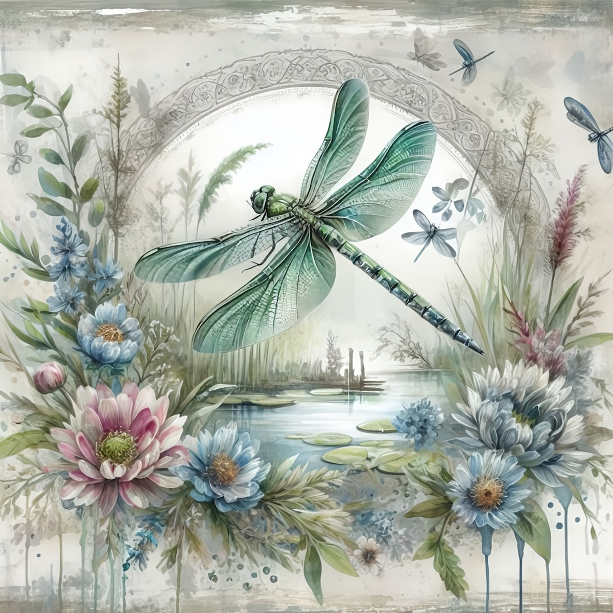 1pc JOZYSH 40x40cm/15.7x15.7" Unframed Dragonfly & Floral Cross Stitch DIY Kit - Easy Beginner Project with Printed Canvas, Needles, Threads, Patterns & Instructions - Perfect for Home & Office Decor, Ideal Gift for Friends &