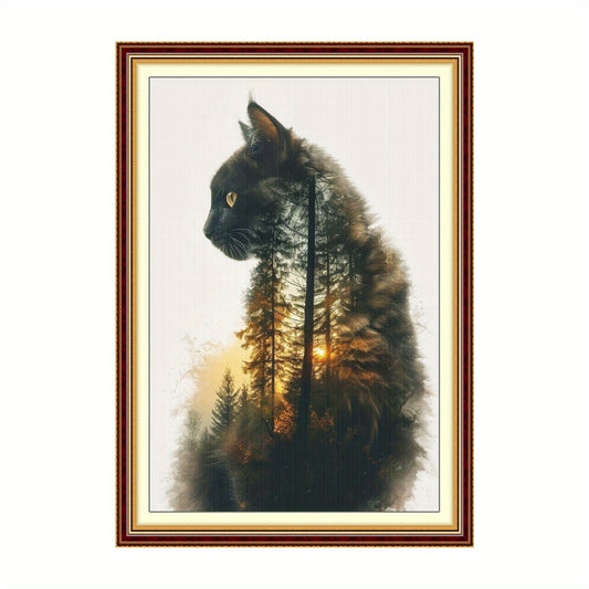 Cat Cross Stitch Kit 40x60cm (15.75x23.62in) 11CT Fabric Craft Set with Pre-Printed Canvas, Threads & Needles - Black Cat with White Paws & Green Eyes, All-Season Home Decor Art for Adults & Teens, Complete Step-by-Step Instr