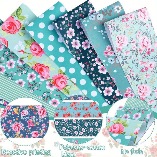 40pcs Blue Floral Fabric Rolls with Pre-Cut Strips - 6.5x50cm (2.55x19.7in) Long Quilted Patchwork Craft Fabric, Multi-Color Floral Patterns (Pink Roses, Daisies, Gingham) for DIY Quilting, Doll Costumes, Sewing & Scrapbookin