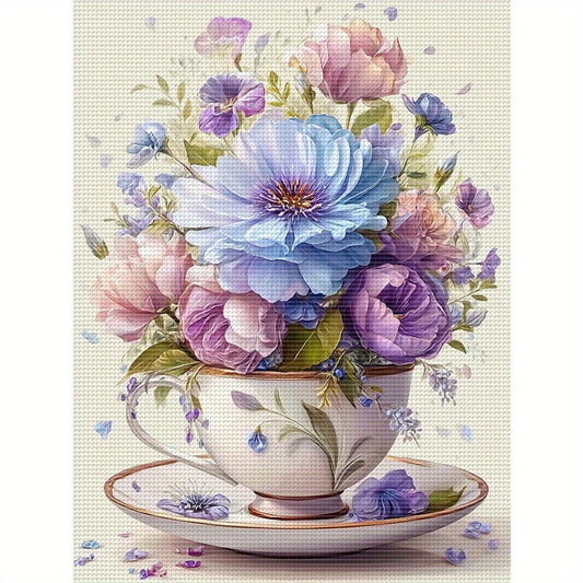 1pc DIY Floral Cross Stitch Kit - 13, 8x17, 7in Frameless Fabric, 11CT Printed Design with Vibrant Blue & Pink Flowers, Green Leaves, and White Cup & Saucer - Ideal for Home Wall Decor, Mother'S Day Gift, Crafting Supplies In