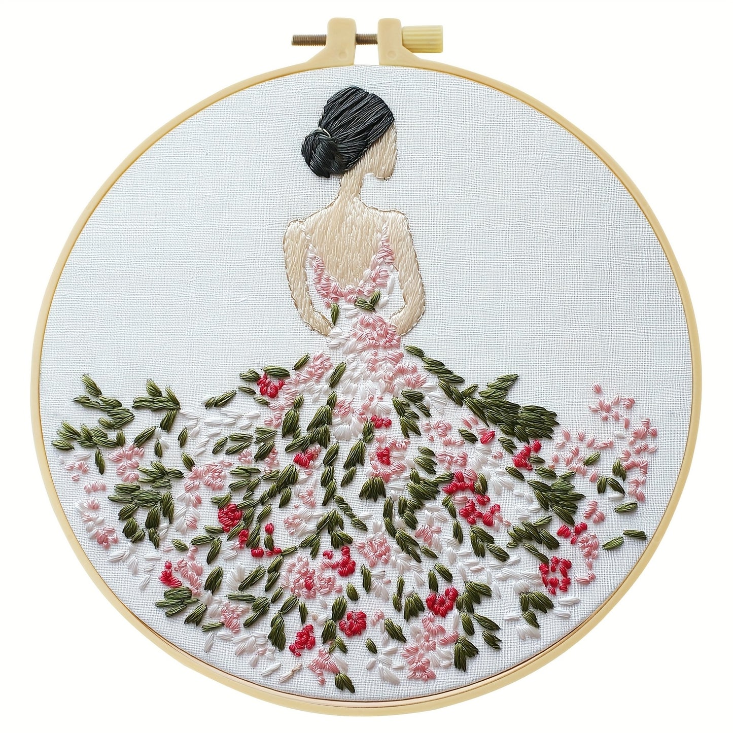 1pc JOZYSH Handmade DIY Dress Embroidery Kit for Adults & Beginners - Complete Set with Fabric, Threads, Hoop & Instructions - Pink/White Dress with Red Roses & Green Foliage - 20x20cm/7.9x7.9" Handcrafted Gift, Home Decor Ar