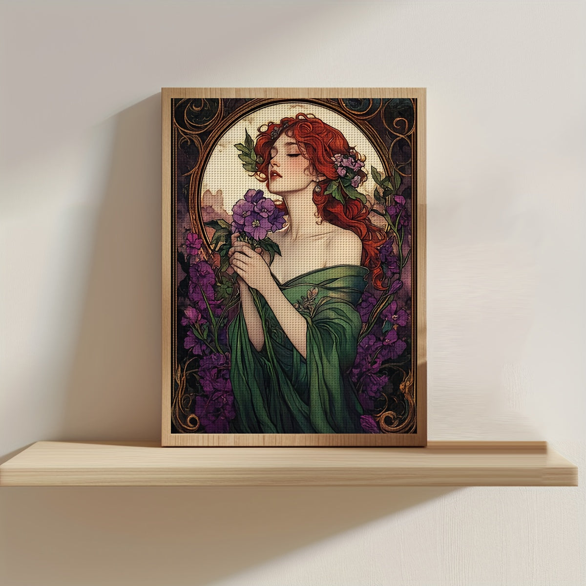 1 Set 11CT/14CT Moonlit Elegance Cross Stitch Kit - Vibrant Red-Haired Lady with Purple Flowers, Includes Canvas, Needles, Threads, Patterns & Instructions - Ideal for Bedroom & Living Room Decor, Perfect Gift, 30x40cm/11.8x1
