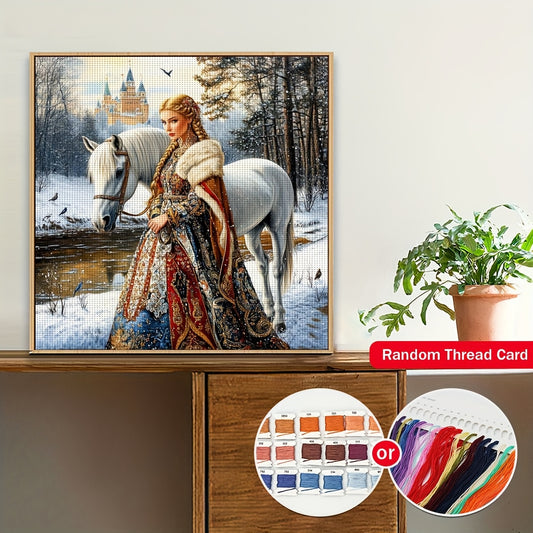 JOZYSH Princess and White Horse Cross Stitch Kit - 15.75x15.75inch DIY Fabric Pattern with Golden Castle and Snowy Landscape, Ideal for Living Room or Bedroom Decor, All-Season Home Art Gift, Seasonal Home Decor|Winter Scene