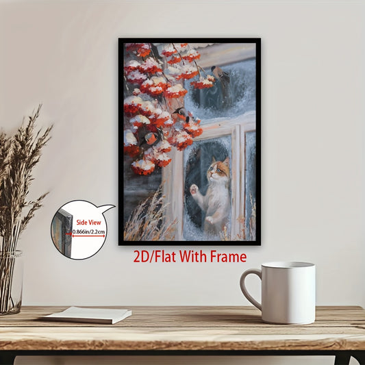 2D Flat, Framed Cat & Birds Winter Window Scene Canvas - Modern Classic Vertical Wall Art with White Kitten & Red Berries, Cozy Snowy Home Décor for Living Room, 2D Flat, Christmas Cross Stitch Kits, Christmas Wall Art, Chri