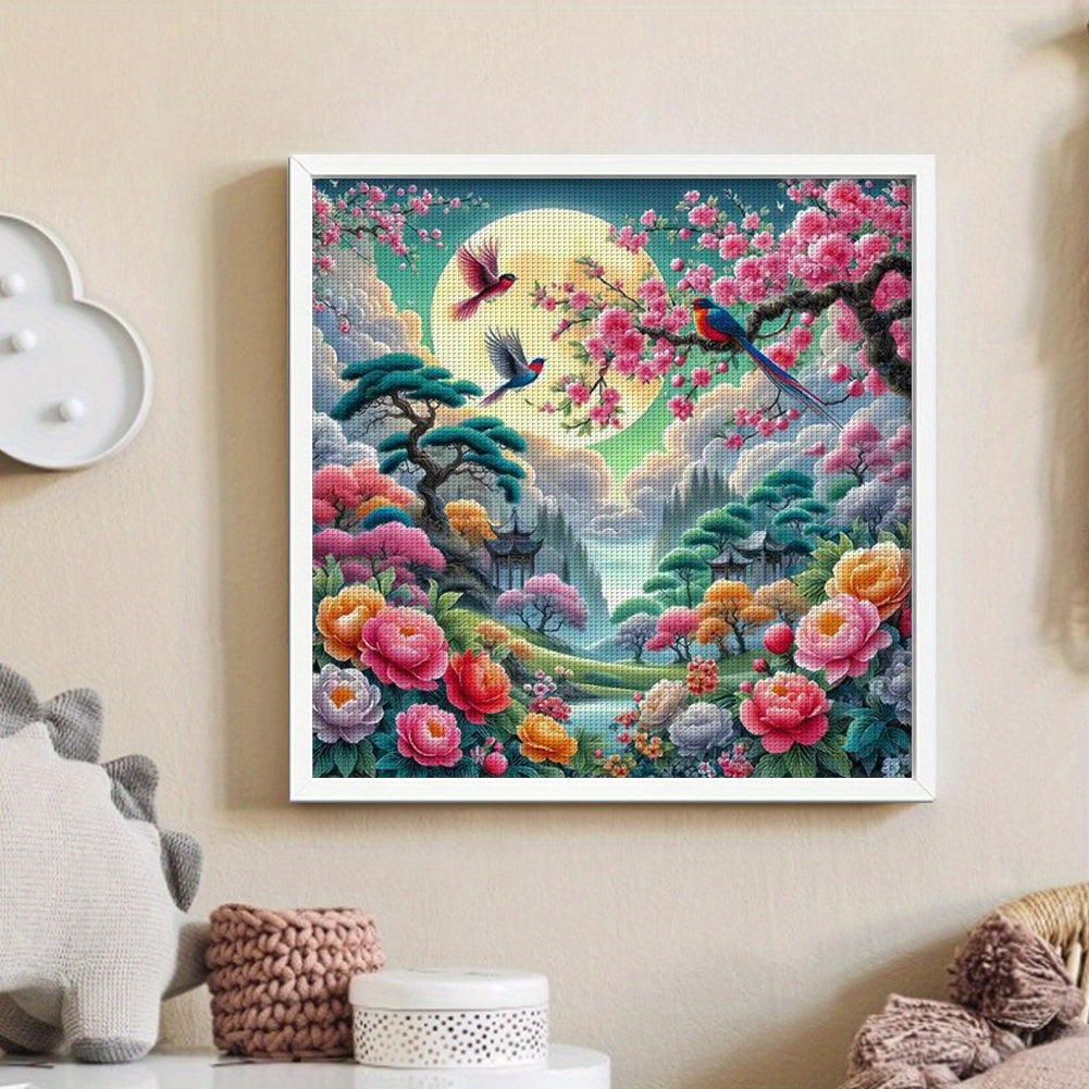 9CT Stamped Cross Stitch Kit - Spring Dance DIY Full Embroidery Canvas Art, Fantasy Nature Scenery Wall Decor with Vibrant Flowers & Birds, Ideal for Home & Office, Perfect Gift for Christmas, Anniversary, Housewarming, Craft