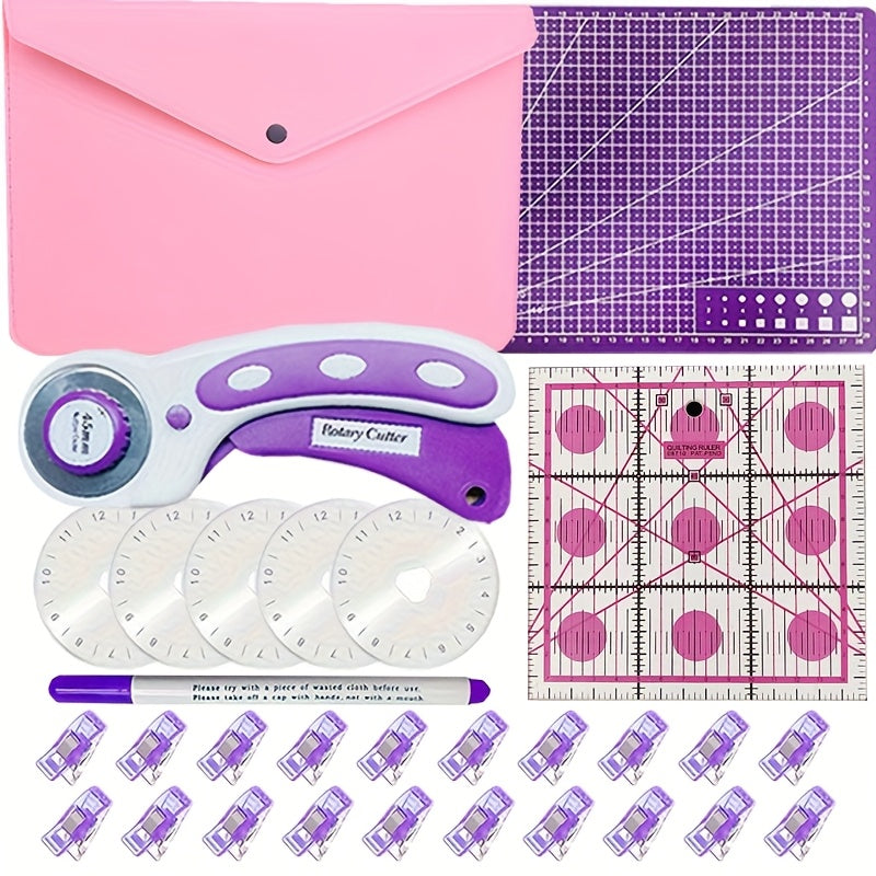 45mm Rotary Cutter Set with Pink Storage Bag, A4 Self-Healing Cutting Mat, Pink Acrylic Ruler, Quilting Roller Cutter and 5 Replacement Blades, Sewing Clips, Disappearing Marker, Suitable for Quilting, Crafting, Paper Craftin