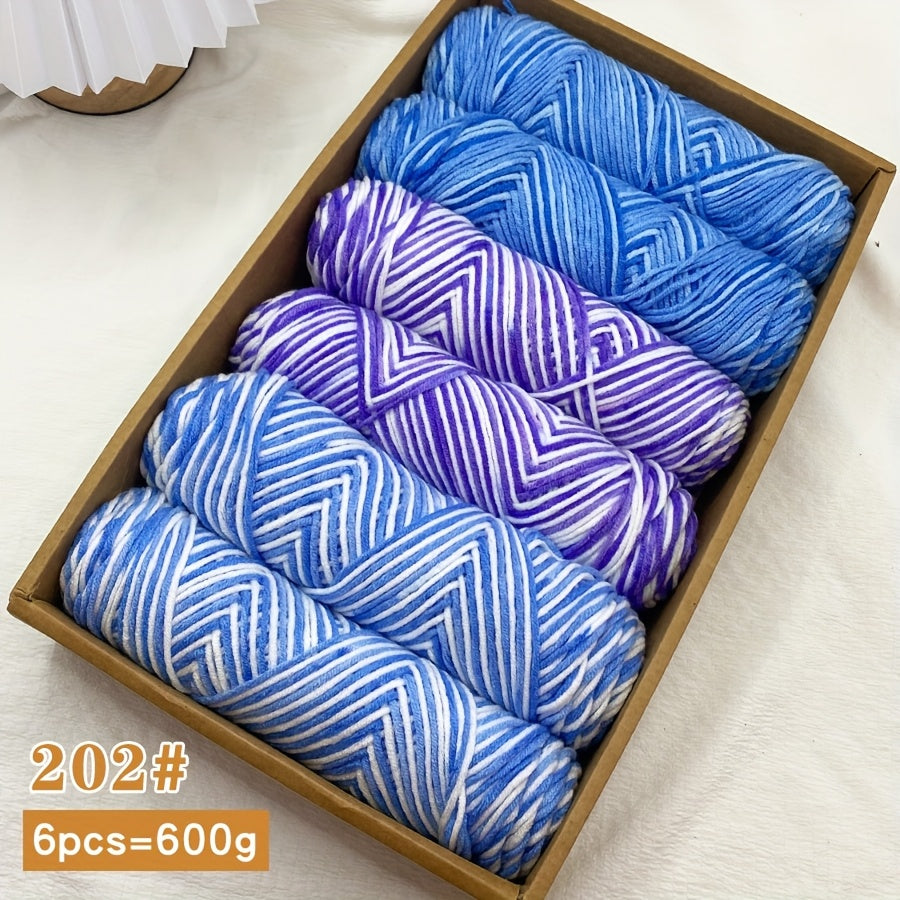 6pcs Multicolor Ombre Yarn Set | Soft Comfortable Self-Striping Acrylic Yarn for Knitting and Crochet, Ideal for Sweaters, Scarves, Hats, Gloves, Blankets, Handbags, Slippers - 600g Medium Weight